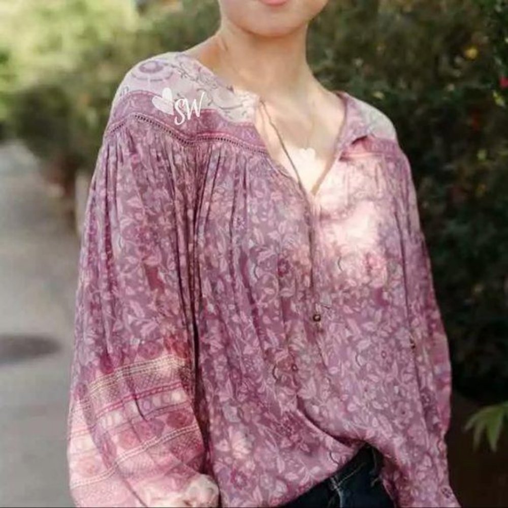 Gypsy boho print blouse purple long sleeve - Picture 2 of 9